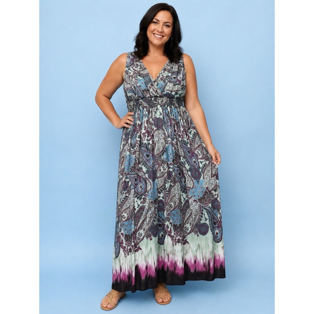 Mile Gabrielle 2X Sleeveless Paisley Maxi Dress Smocked Empire Waist Boho Plus S